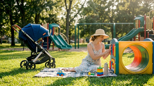 Parent inspecting playground equipment for sun hazards