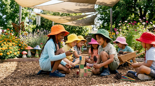 Children playing under UV-protective shade in school playground