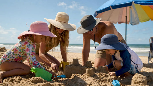 Family outdoors wearing protective sun hats