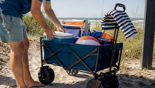 Loaded family beach wagon with cooler and towels