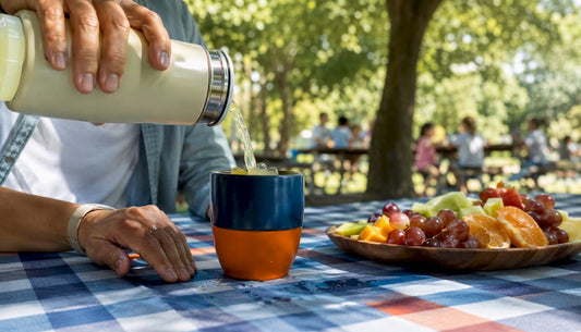 Hands pouring hot drink from insulated tumbler at picnic