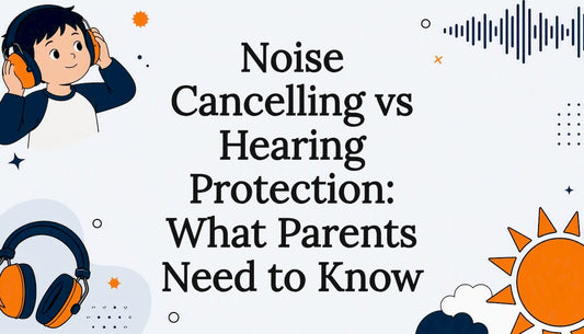 Decorative title card illustration with hearing protection elements