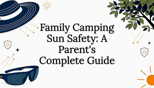 Decorative illustrated title card with sun safety items and trees