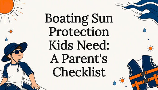 Decorative title card illustration with sun, waves, kid and life jacket