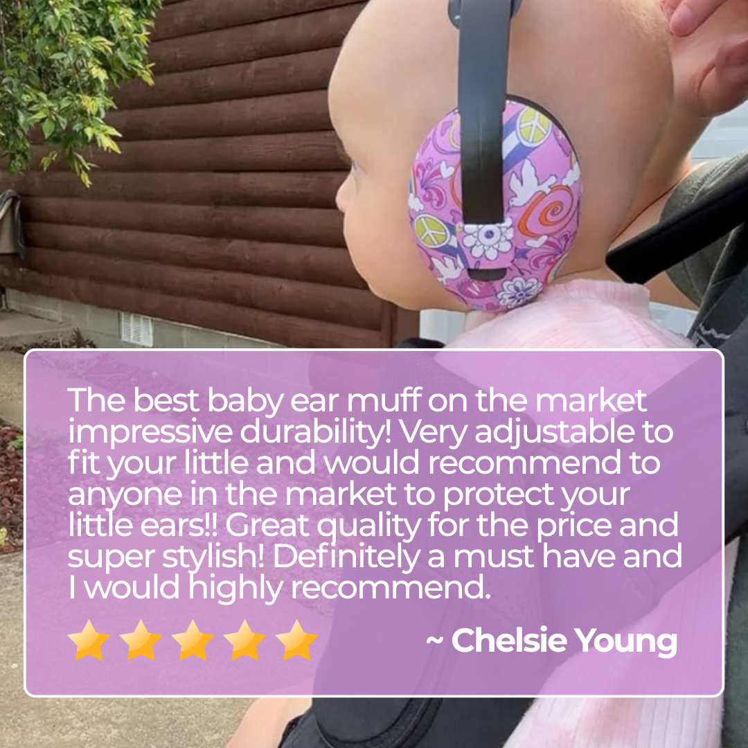 Baby wearing a colorful ear muff with a review text overlay on a purple background.