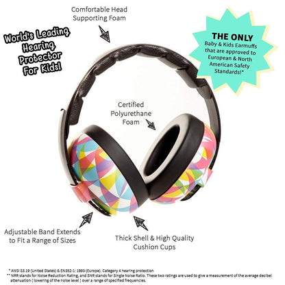 Baby BANZ sensory earmuffs in Peace Doodle with NRR 26 dB passive hearing protection